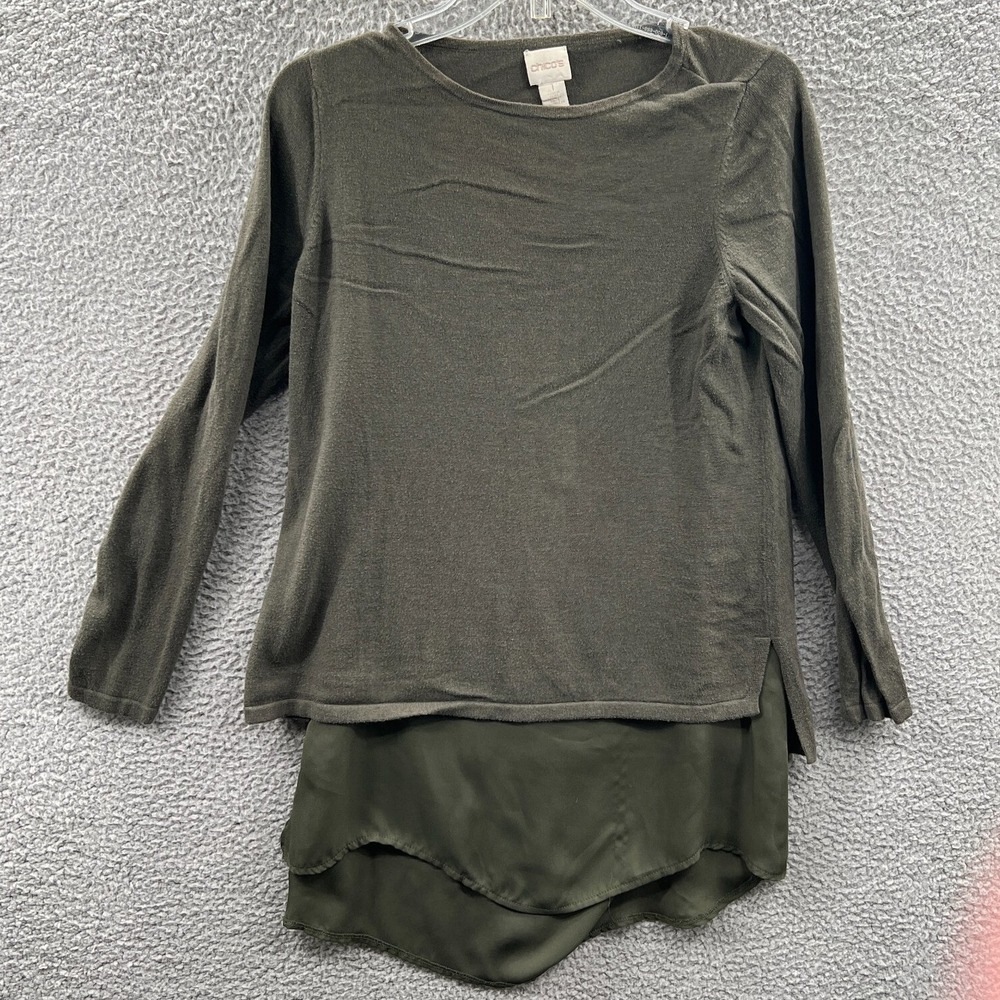 Chicos Womens Tunic Top M‎ Olive Asymmetric Layered Relaxed Capsule Minimalist